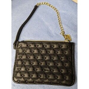 Betsey Johnson Black Quilted Faux Leather Heart Design Clutch Gold Hardware